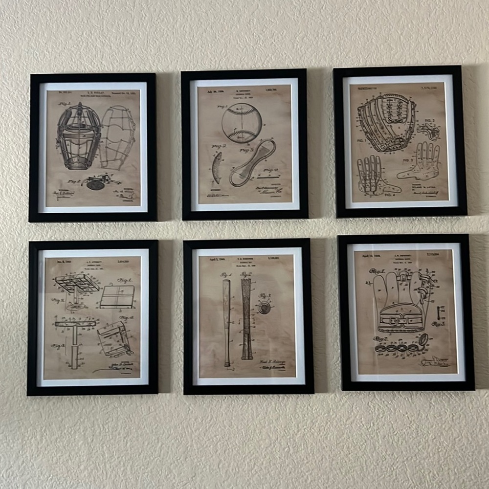 6x Baseball inspired framed pictures